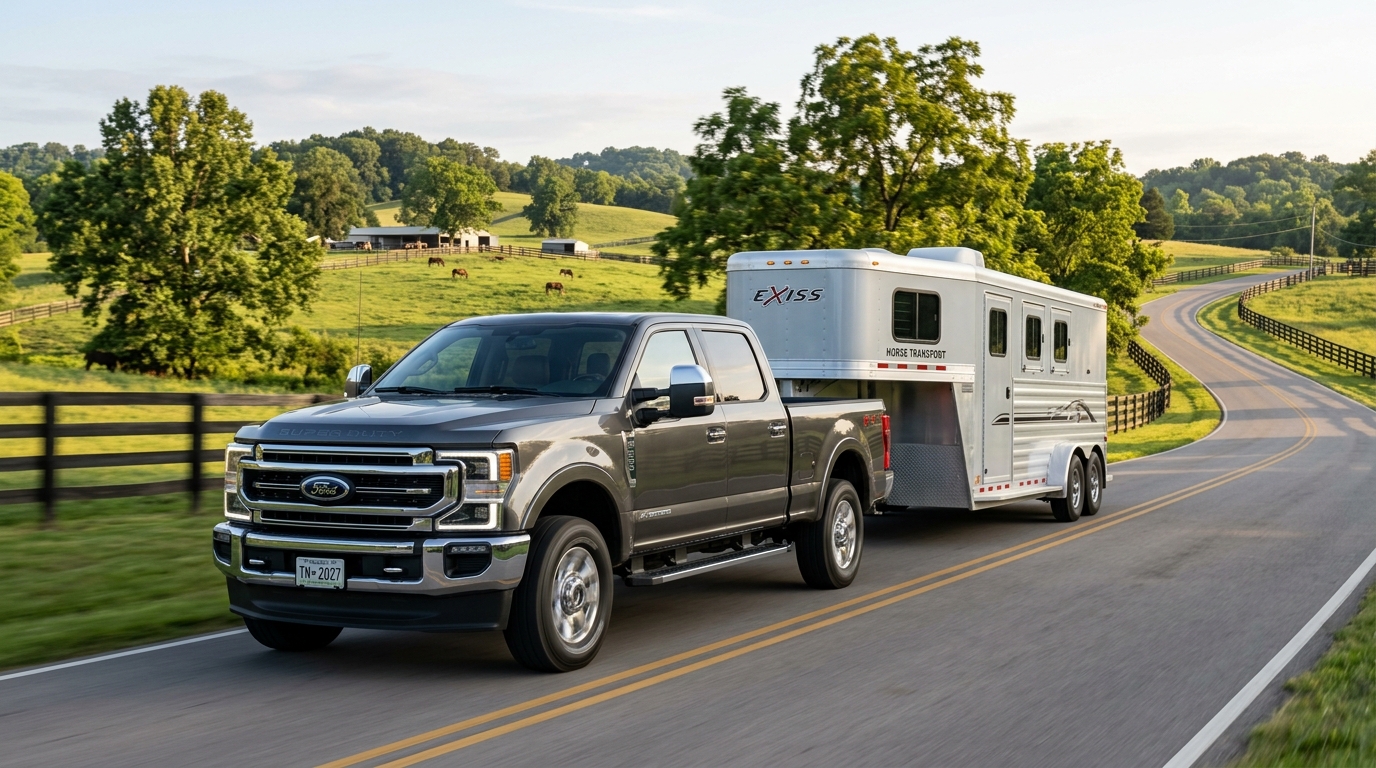 A gray Ford Super Duty pickup truck towing a white Exiss horse trailer on a winding rural road. (Representative image for illustration purposes only. Actual vehicle may vary based on trim and configuration.)