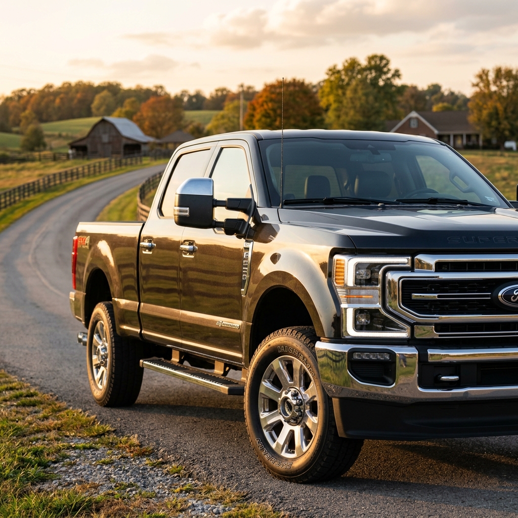 Dark grey Ford Super Duty pickup truck parked on a rural road at sunset with a barn in the background. (Representative image for illustration purposes only. Actual vehicle may vary based on trim and configuration.)