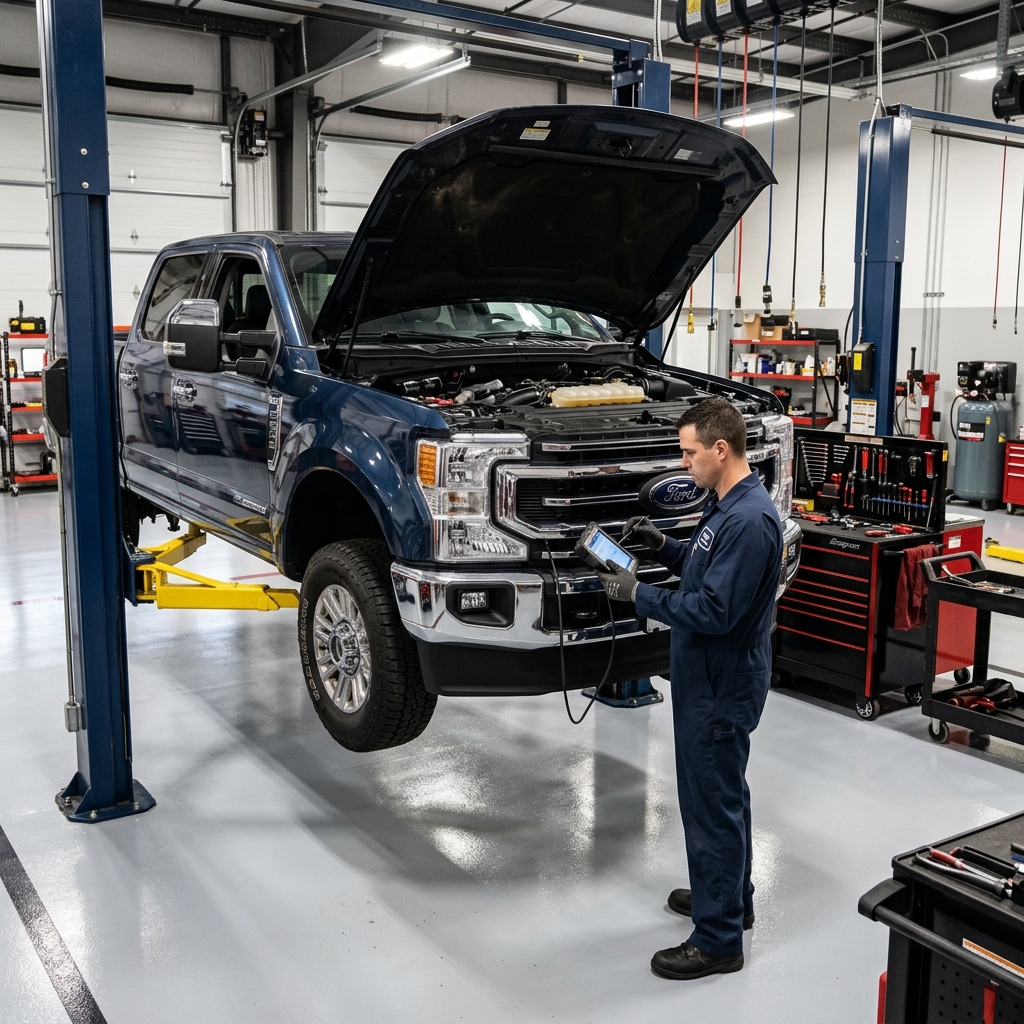 Auto technician using a digital diagnostic tablet on a blue Ford truck elevated on a hydraulic lift. (Representative image for illustration purposes only. Actual vehicle may vary based on trim and configuration.)