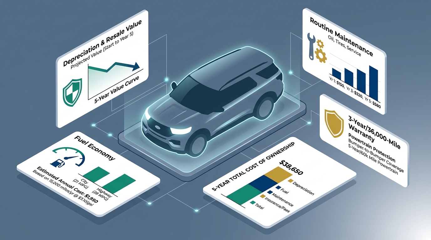 Isometric infographic showing a car's 5-year total cost of ownership including maintenance, depreciation, and fuel. (Representative image for illustration purposes only. Actual vehicle may vary based on trim and configuration.)