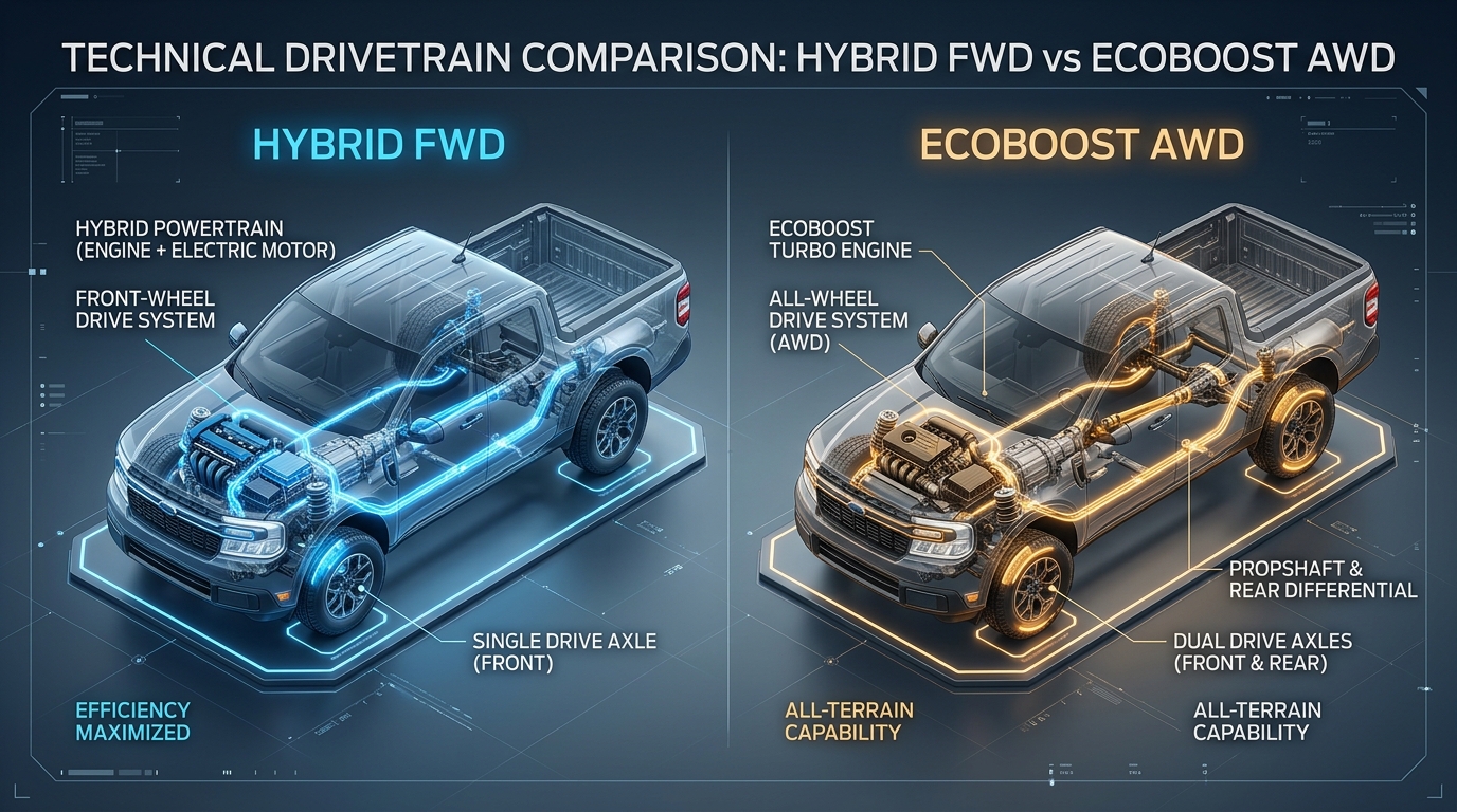 Technical diagram comparing Hybrid FWD and EcoBoost AWD pickup truck drivetrains with highlighted mechanical components. (Representative image for illustration purposes only. Actual vehicle may vary based on trim and configuration.)