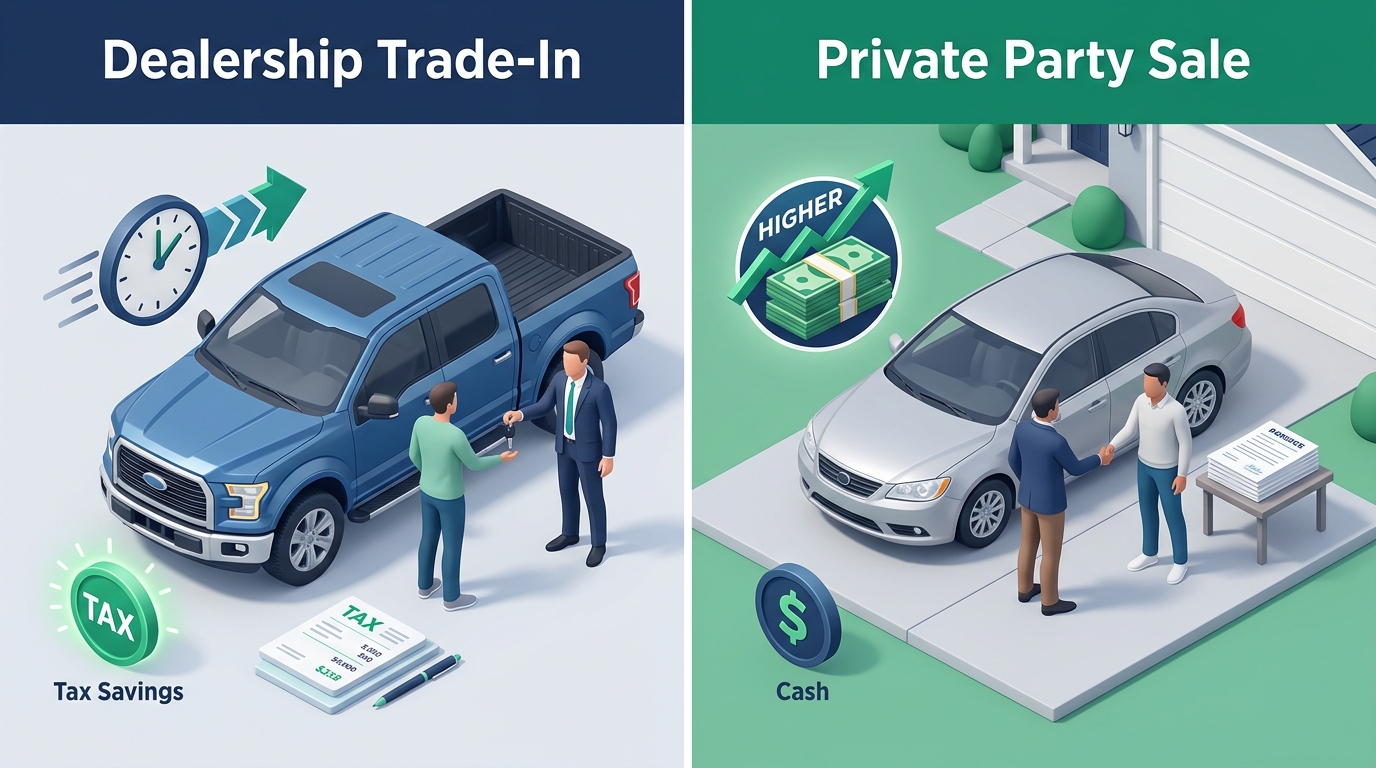 Graphic comparing dealership trade-in benefits like tax savings against private party car sales offering higher cash. (Representative image for illustration purposes only. Actual vehicle may vary based on trim and configuration.)