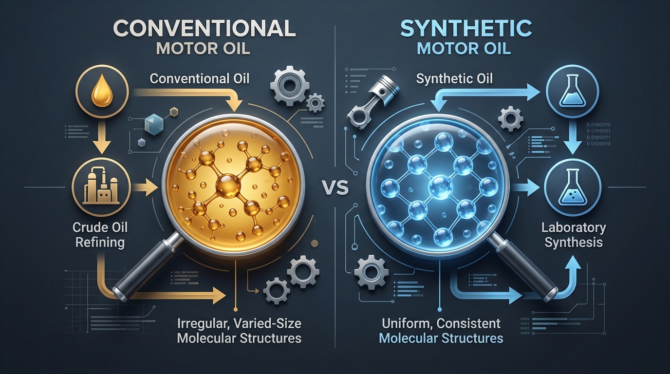 Diagram comparing conventional motor oil with irregular molecules to synthetic motor oil with uniform molecular structures. (Representative image for illustration purposes only. Actual vehicle may vary based on trim and configuration.)