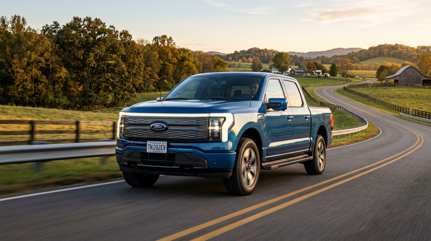 Blue Ford F-150 Lightning electric pickup truck driving on a scenic rural road during golden hour. (Representative image for illustration purposes only. Actual vehicle may vary based on trim and configuration.)