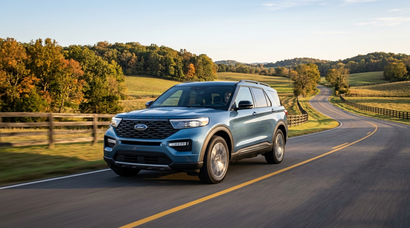 Blue Ford Explorer driving along a curving paved road through scenic rolling countryside in autumn. (Representative image for illustration purposes only. Actual vehicle may vary based on trim and configuration.)