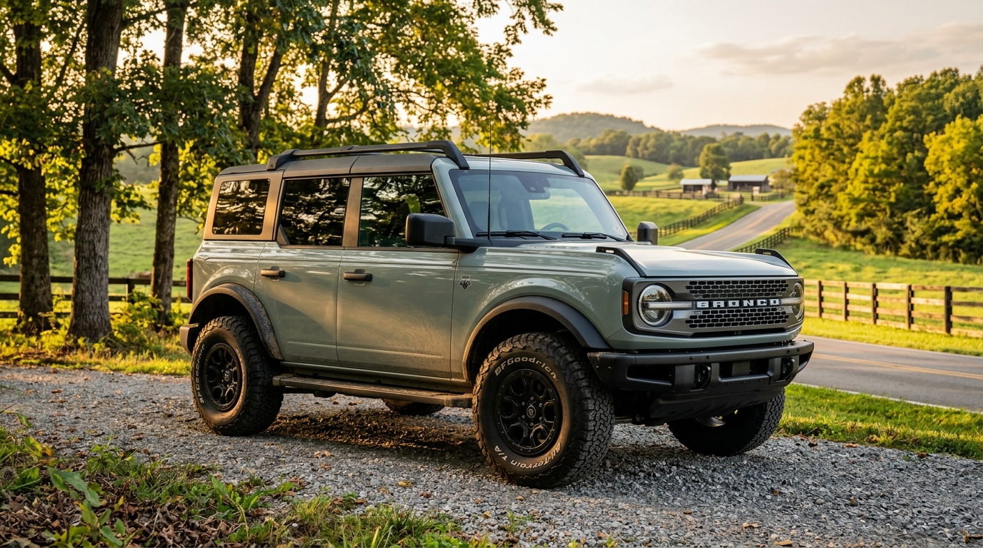 Sage green four-door Ford Bronco SUV parked on a gravel driveway in a scenic rural countryside at sunset. (Representative image for illustration purposes only. Actual vehicle may vary based on trim and configuration.)