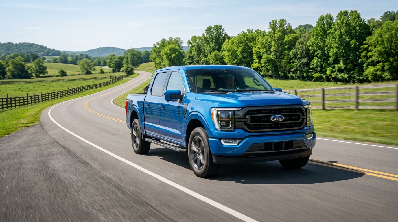 A blue Ford F-150 pickup truck driving on a winding paved road through a rural landscape with green hills and trees. (Representative image for illustration purposes only. Actual vehicle may vary based on trim and configuration.)