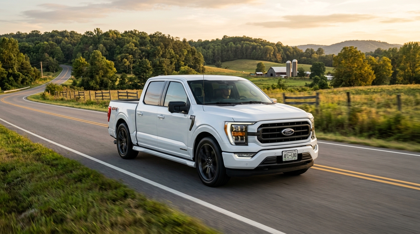 A white Ford F-150 pickup truck driving along a scenic country road at sunset. (Representative image for illustration purposes only. Actual vehicle may vary based on trim and configuration.)