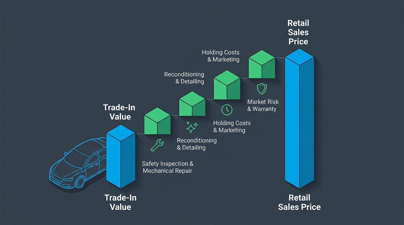 Infographic showing the cost components bridging a vehicle's trade-in value to its retail sales price. (Representative image for illustration purposes only. Actual vehicle may vary based on trim and configuration.)