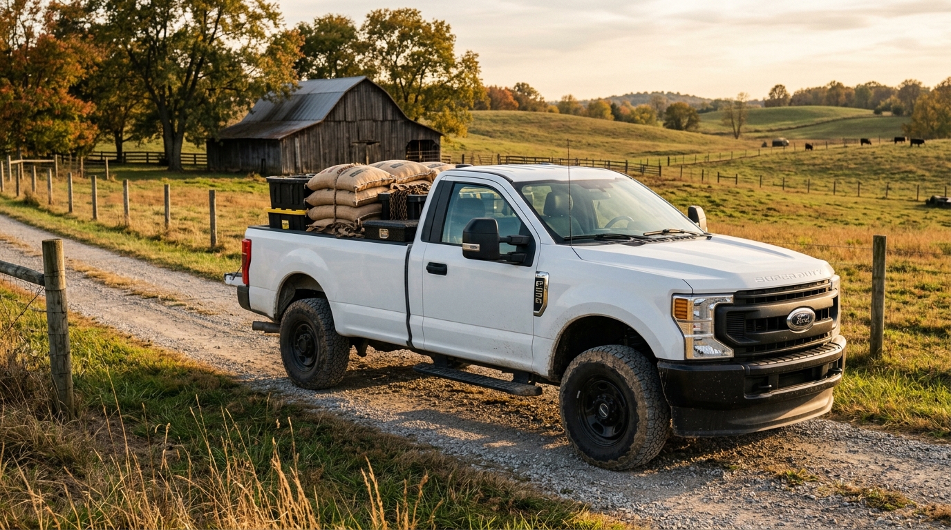 White Ford Super Duty pickup truck loaded with sacks on a dirt road by a farm barn at sunset. (Representative image for illustration purposes only. Actual vehicle may vary based on trim and configuration.)