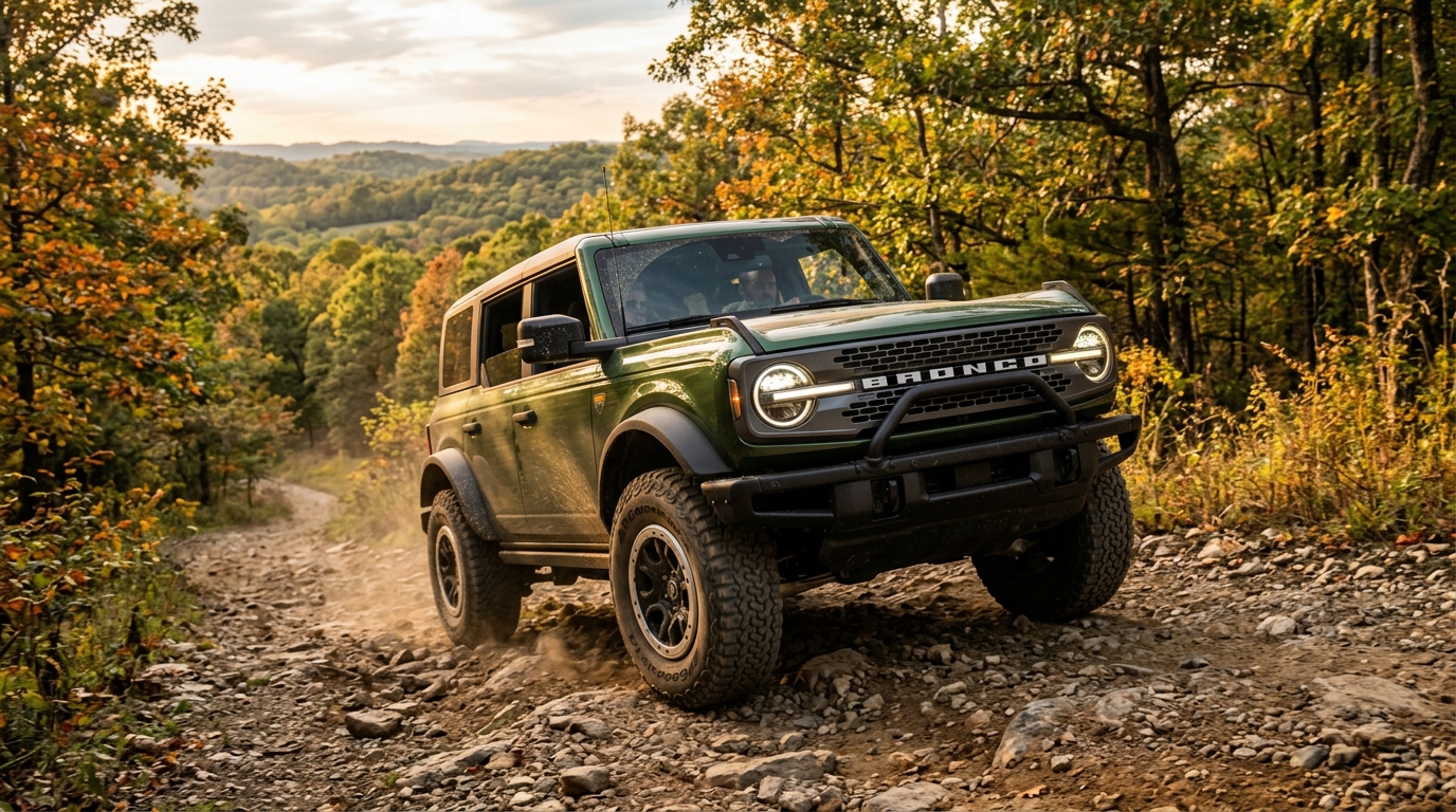 Green Ford Bronco driving along a rocky dirt path through an autumn forest. (Representative image for illustration purposes only. Actual vehicle may vary based on trim and configuration.)
