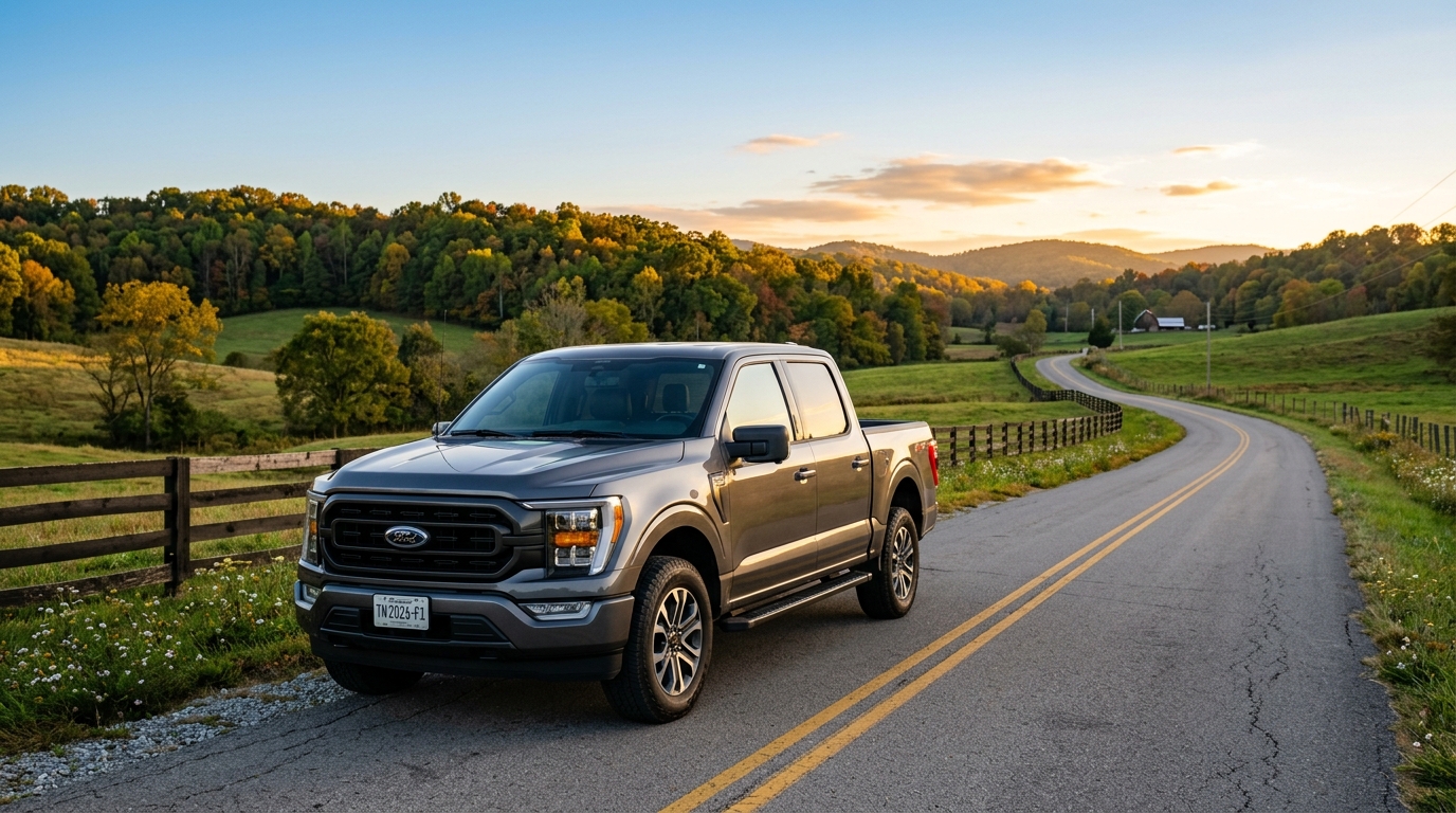 Grey Ford F-150 pickup truck parked along a winding rural road at sunset with autumn hills in the background. (Representative image for illustration purposes only. Actual vehicle may vary based on trim and configuration.)