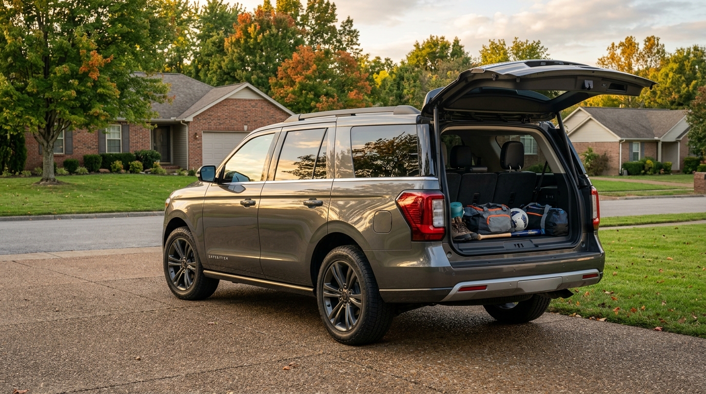 A grey SUV parked in a driveway with its open trunk loaded with sports gear and bags in a suburban neighborhood. (Representative image for illustration purposes only. Actual vehicle may vary based on trim and configuration.)