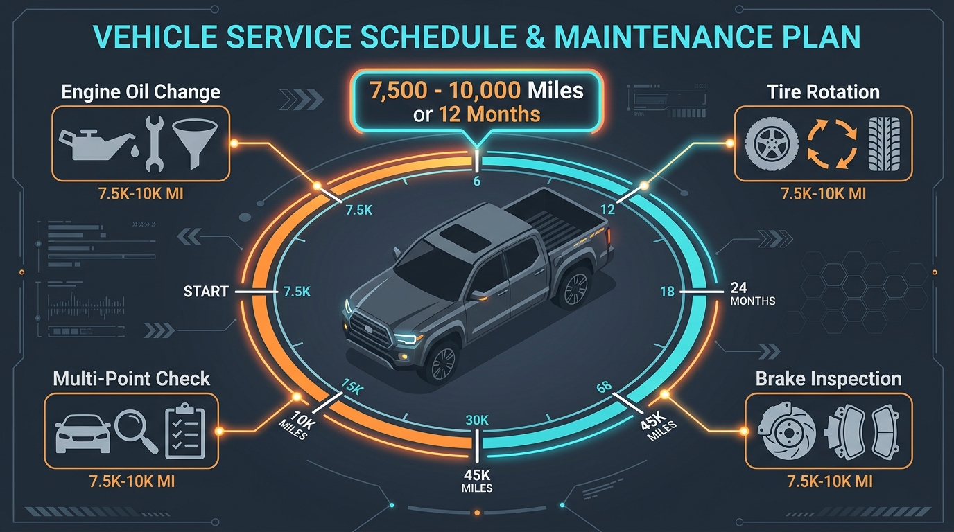 Infographic illustrating a vehicle maintenance plan with service intervals like oil changes and tire rotations. (Representative image for illustration purposes only. Actual vehicle may vary based on trim and configuration.)