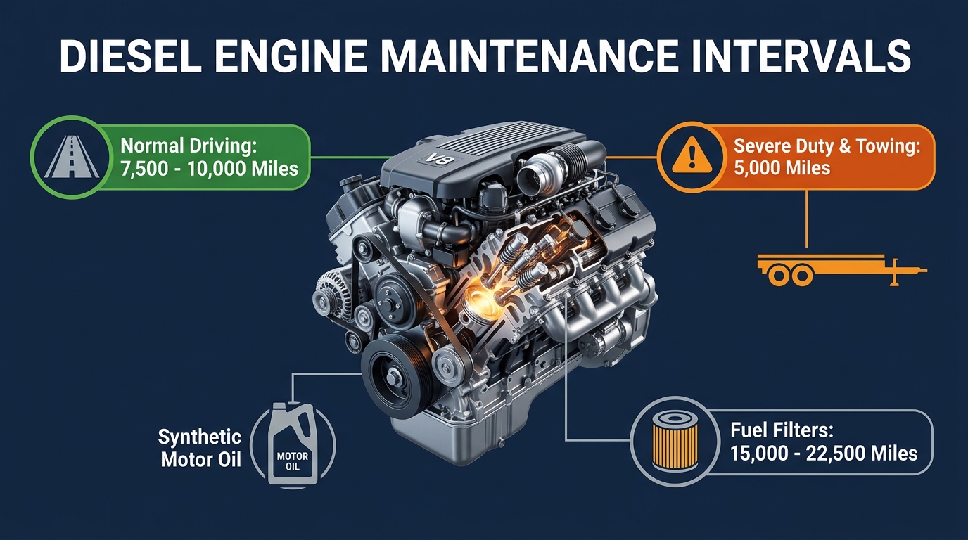 Infographic showing diesel engine maintenance intervals for normal driving, severe duty towing, and fuel filter changes. (Representative image for illustration purposes only. Actual vehicle may vary based on trim and configuration.)