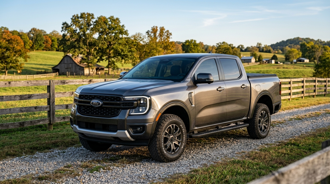 Dark metallic grey Ford Ranger pickup truck parked on a gravel path beside a wooden fence on a rural farm. (Representative image for illustration purposes only. Actual vehicle may vary based on trim and configuration.)