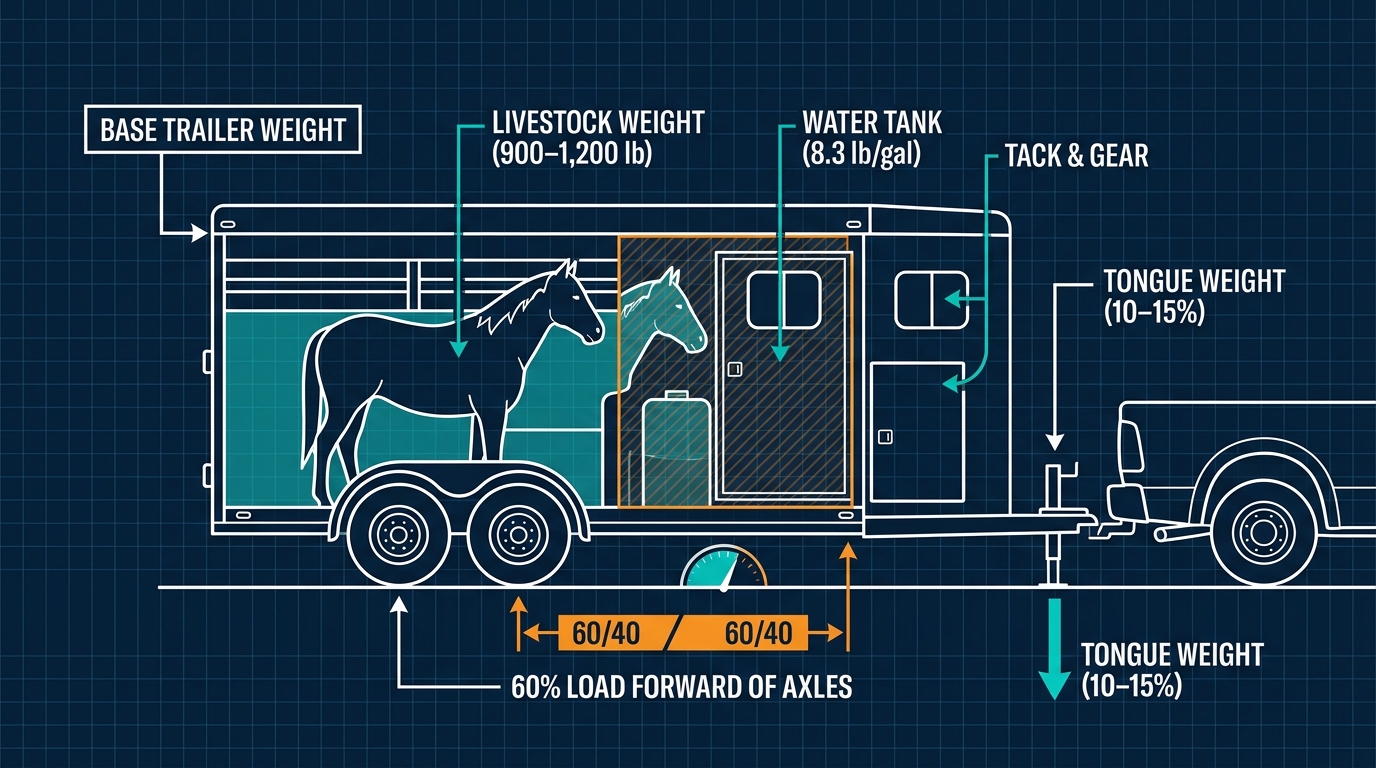 Infographic diagram illustrating horse trailer weight distribution, tongue weight, and load placement rules. (Representative image for illustration purposes only. Actual vehicle may vary based on trim and configuration.)