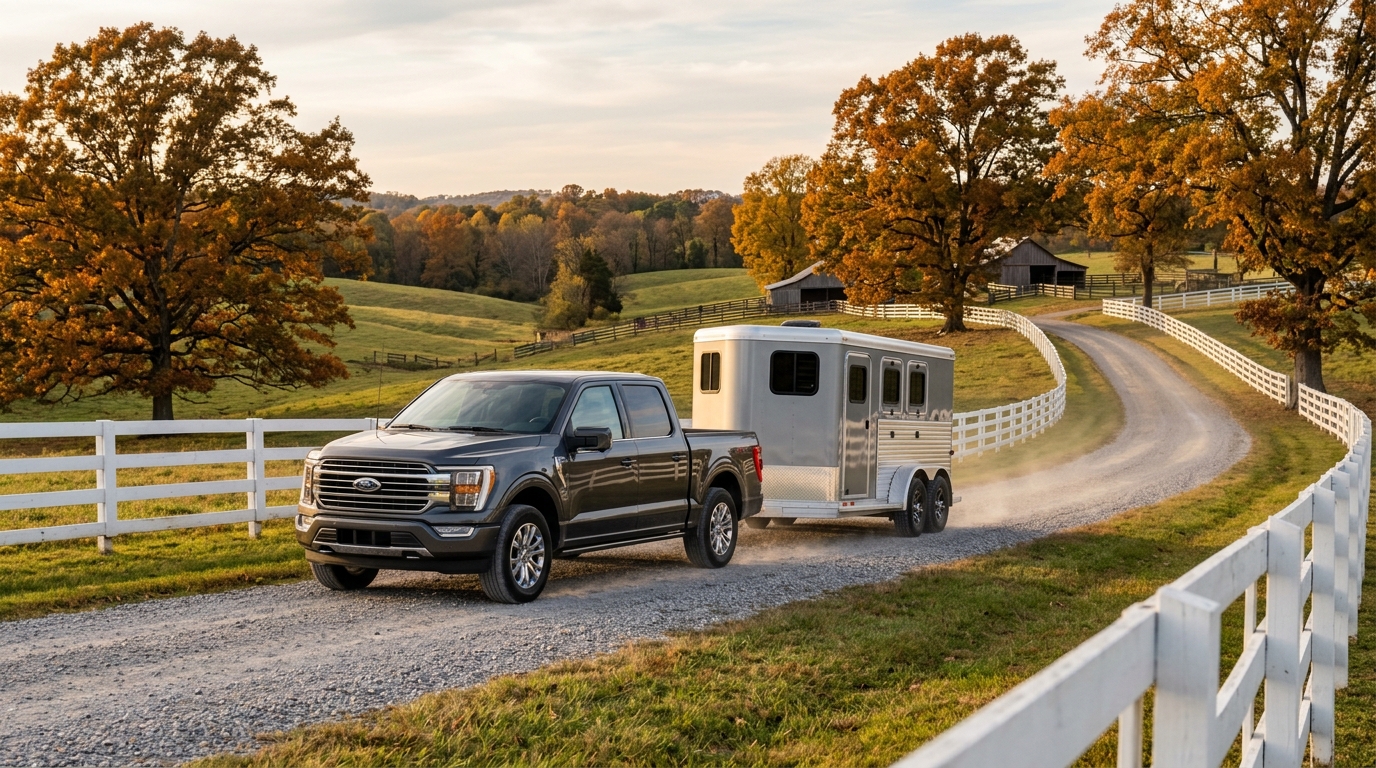Dark grey Ford F-150 pickup truck towing a silver horse trailer along a gravel driveway framed by white fences. (Representative image for illustration purposes only. Actual vehicle may vary based on trim and configuration.)