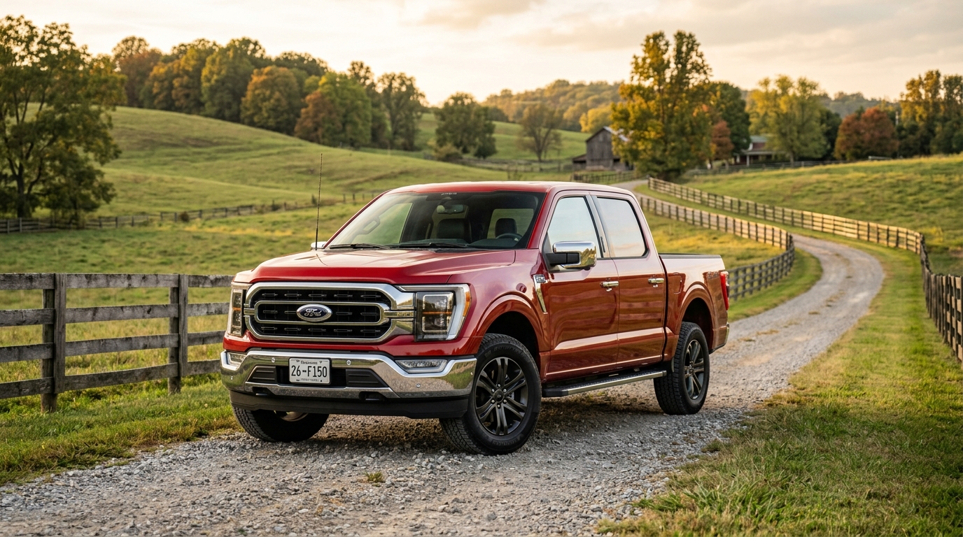 Red Ford F-150 pickup truck parked on a gravel driveway alongside a countryside farm fence. (Representative image for illustration purposes only. Actual vehicle may vary based on trim and configuration.)
