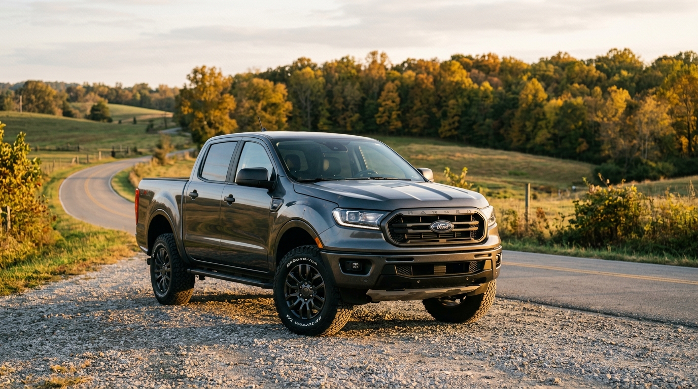 A dark grey Ford Ranger pickup truck parked on a gravel roadside along a winding rural road in autumn. (Representative image for illustration purposes only. Actual vehicle may vary based on trim and configuration.)