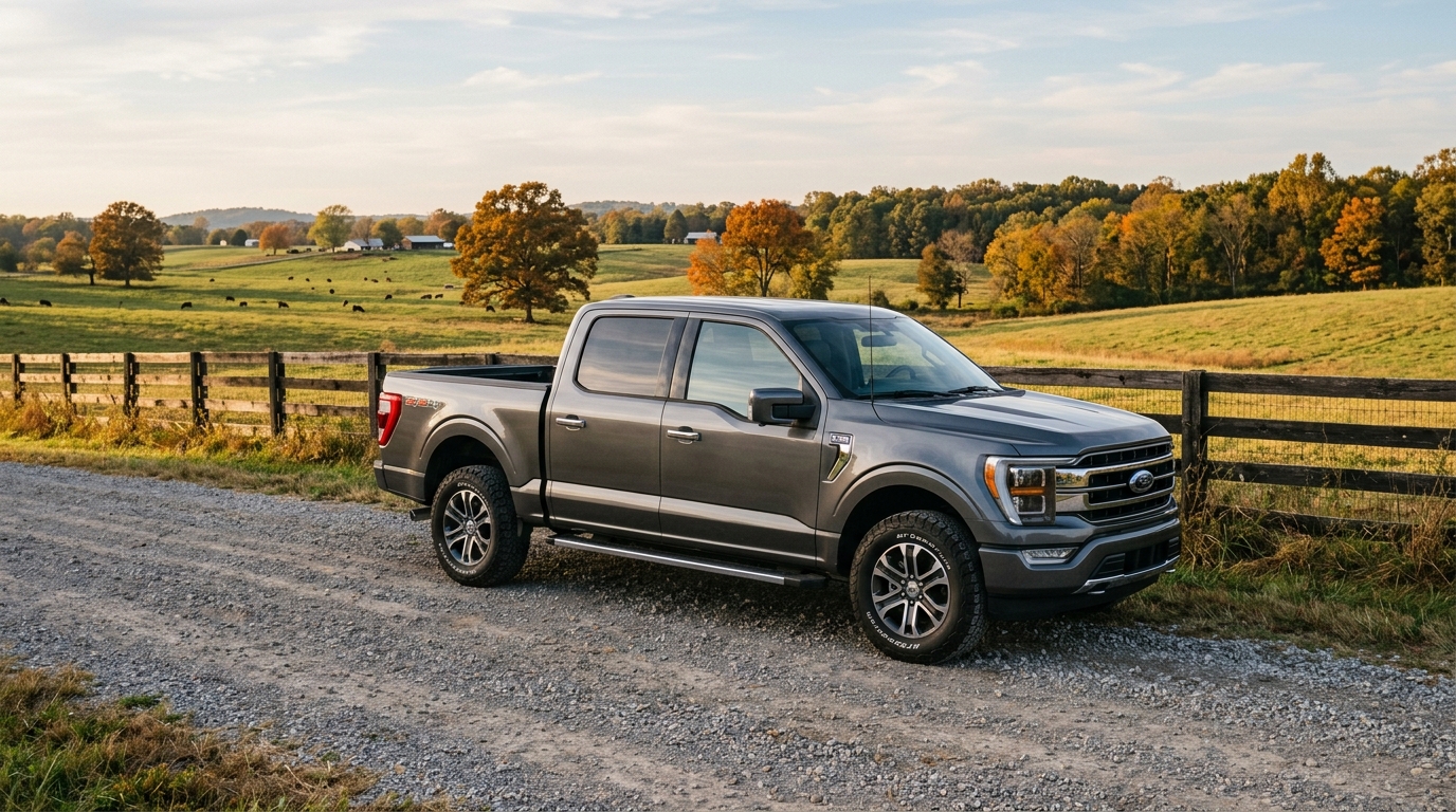 Grey Ford F-150 pickup truck parked on a gravel road next to a wooden fence in a scenic autumn countryside. (Representative image for illustration purposes only. Actual vehicle may vary based on trim and configuration.)