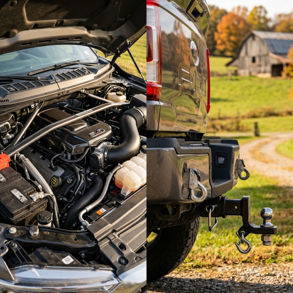 Split view of a Ford F-150 open engine bay with a 5.0L V8 motor and a rear view featuring a heavy-duty tow hitch. (Representative image for illustration purposes only. Actual vehicle may vary based on trim and configuration.)