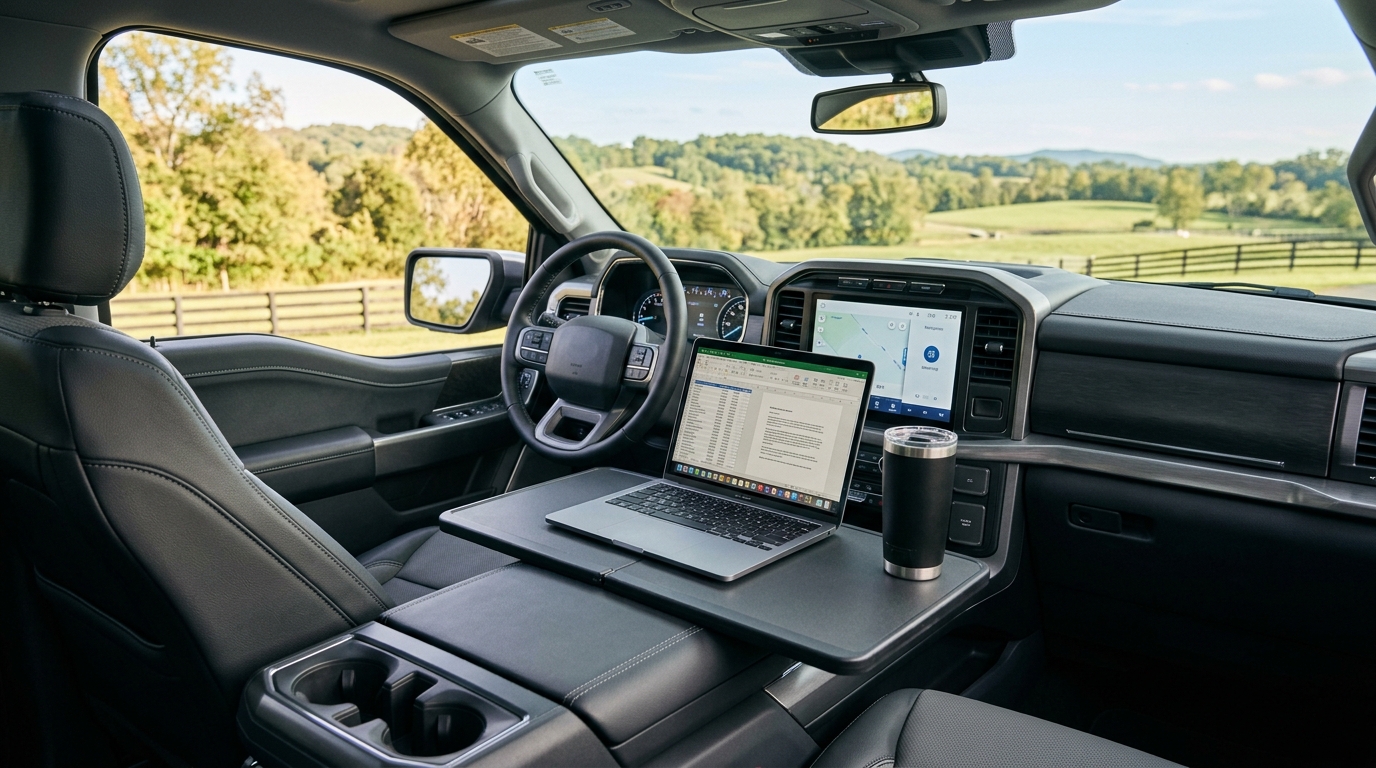 Open laptop and travel mug on a center console work desk inside a modern pickup truck parked in the countryside. (Representative image for illustration purposes only. Actual vehicle may vary based on trim and configuration.)