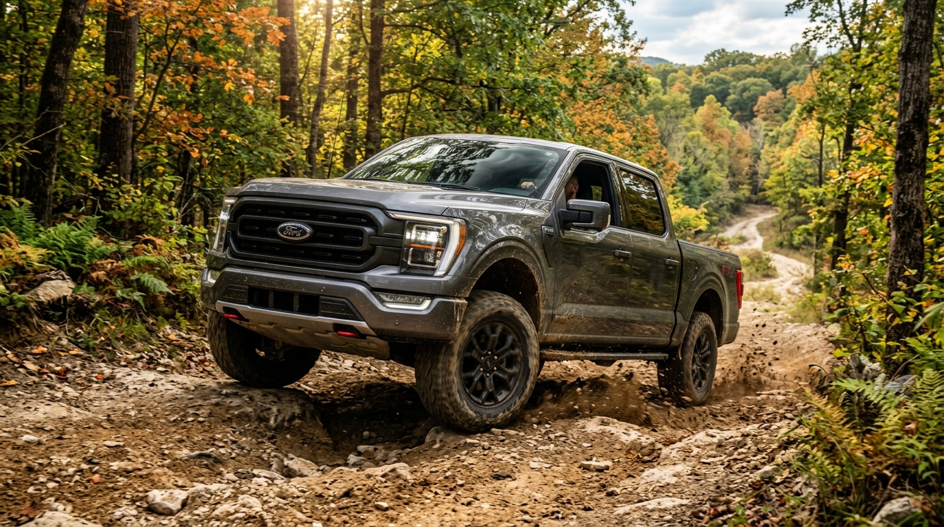Dark grey Ford F-150 pickup truck driving on a rugged, rocky dirt trail through an autumn forest. (Representative image for illustration purposes only. Actual vehicle may vary based on trim and configuration.)