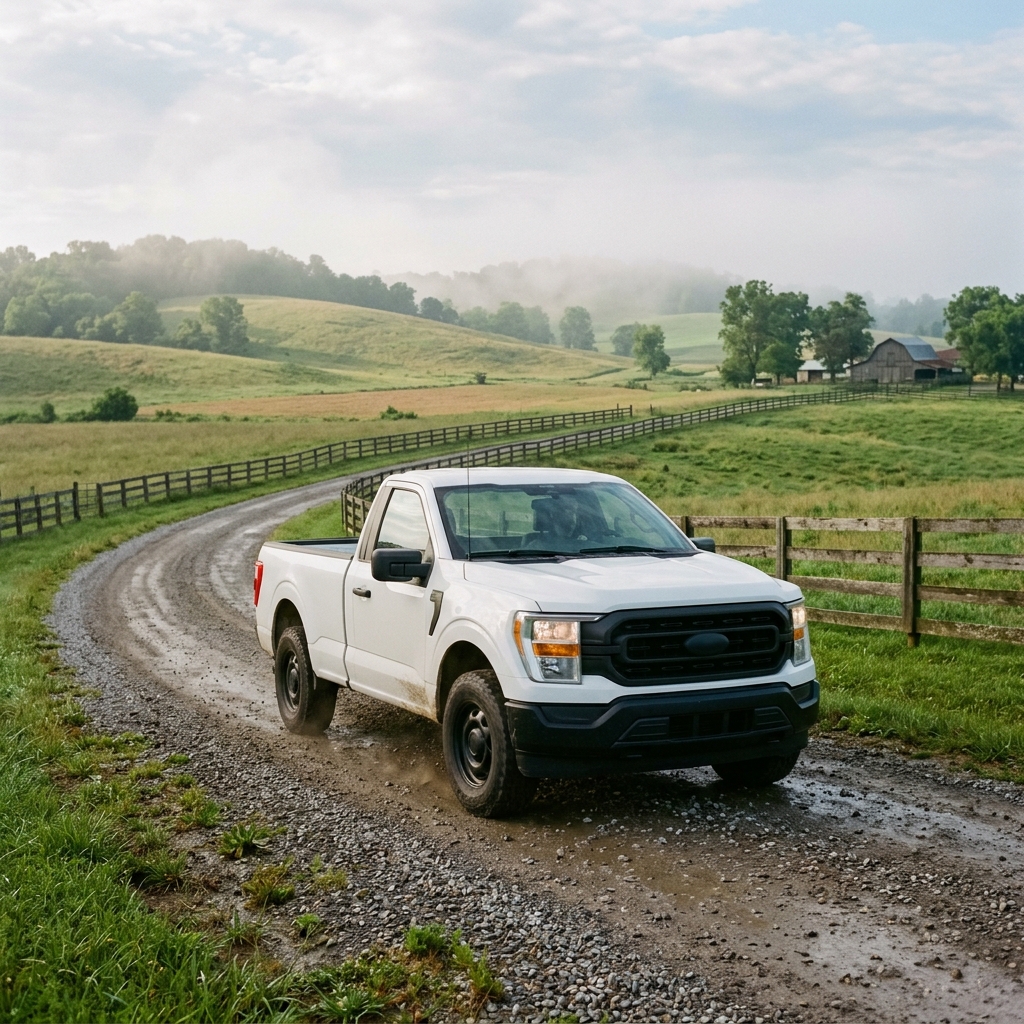White regular cab pickup truck driving on a muddy gravel country road past wooden fences and rolling green hills. (Representative image for illustration purposes only. Actual vehicle may vary based on trim and configuration.)