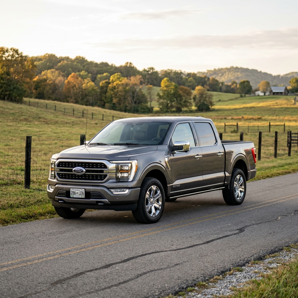 A grey Ford F-150 pickup truck parked on a paved country road next to rolling green hills and a farm fence. (Representative image for illustration purposes only. Actual vehicle may vary based on trim and configuration.)