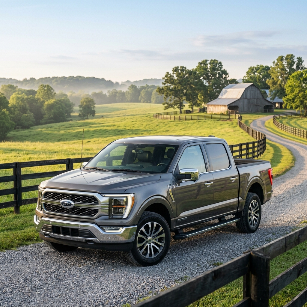 Metallic grey Ford F-150 pickup truck parked on a gravel driveway next to green pastures and a barn. (Representative image for illustration purposes only. Actual vehicle may vary based on trim and configuration.)