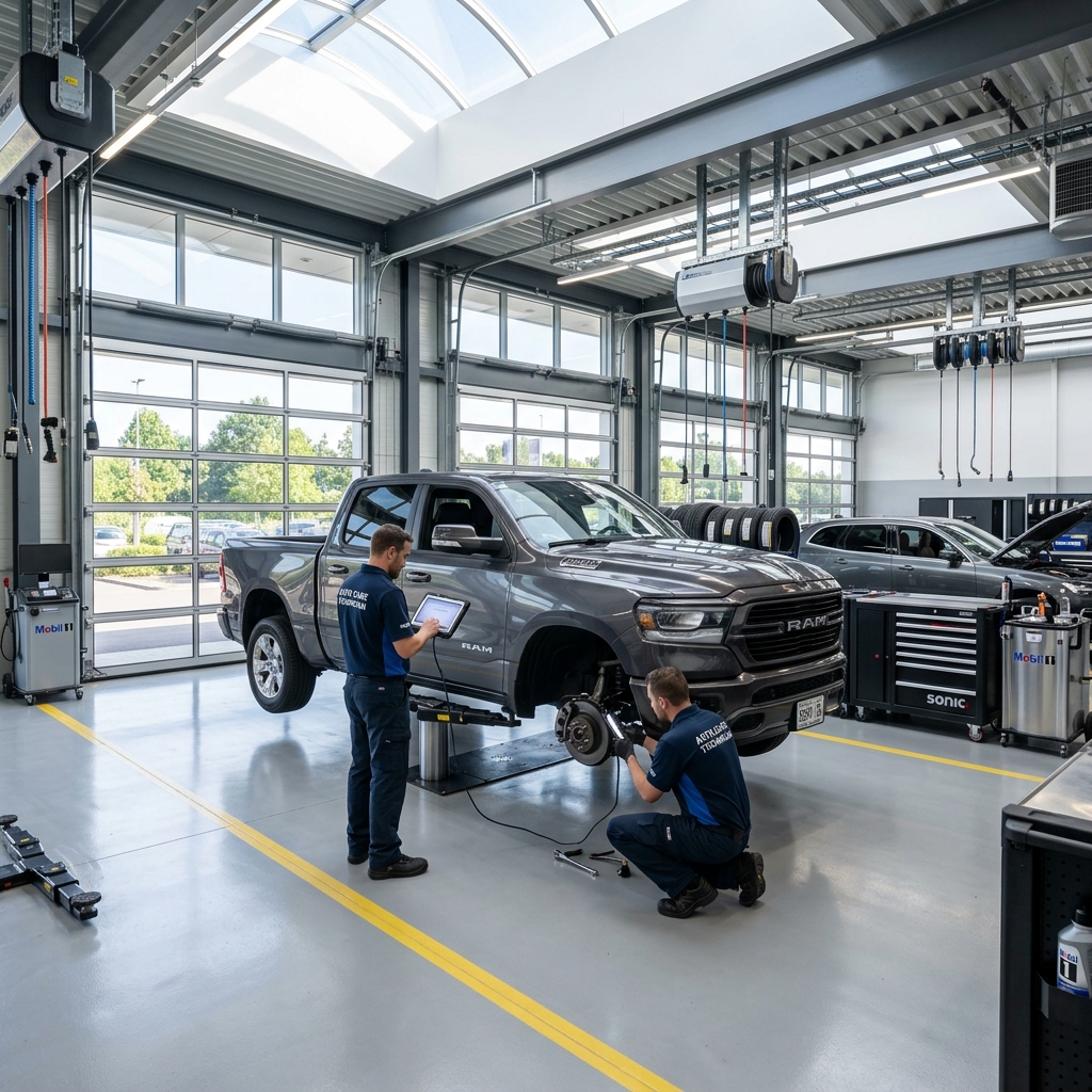 Two mechanics performing diagnostic and brake maintenance on a grey RAM pickup truck in a modern auto repair shop. (Representative image for illustration purposes only. Actual vehicle may vary based on trim and configuration.)