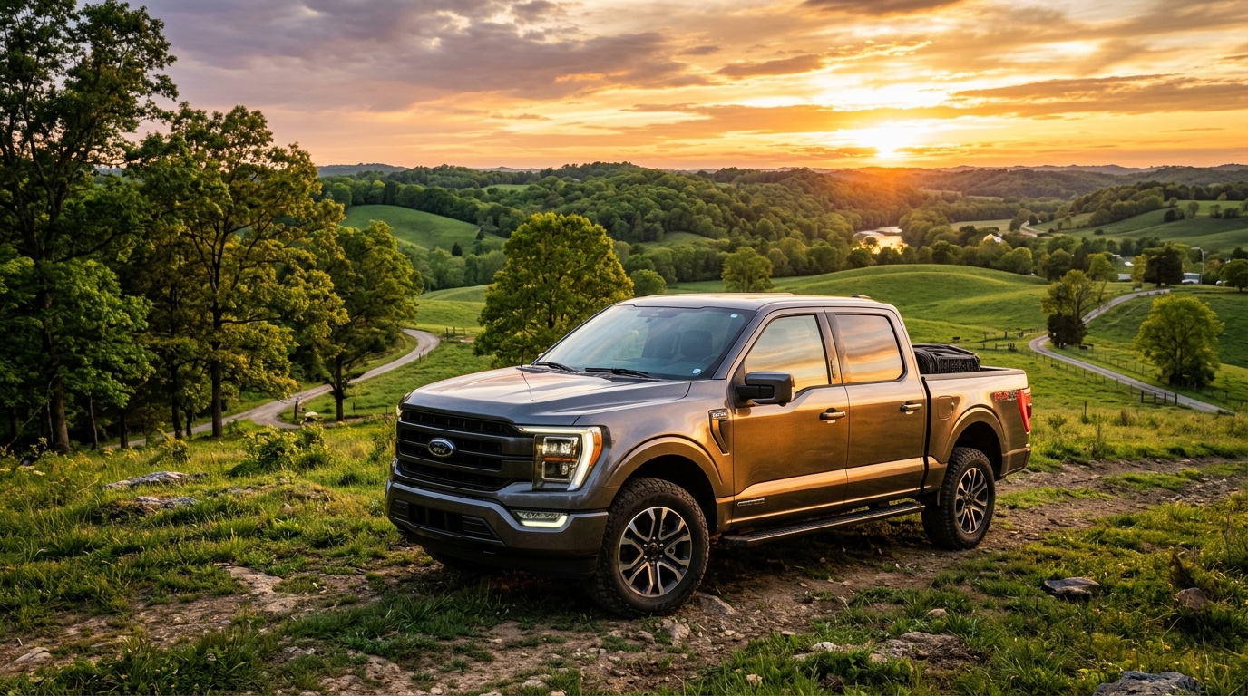 A dark gray Ford F-150 pickup truck parked on a grassy hilltop overlooking rolling green hills at sunset. (Representative image for illustration purposes only. Actual vehicle may vary based on trim and configuration.)