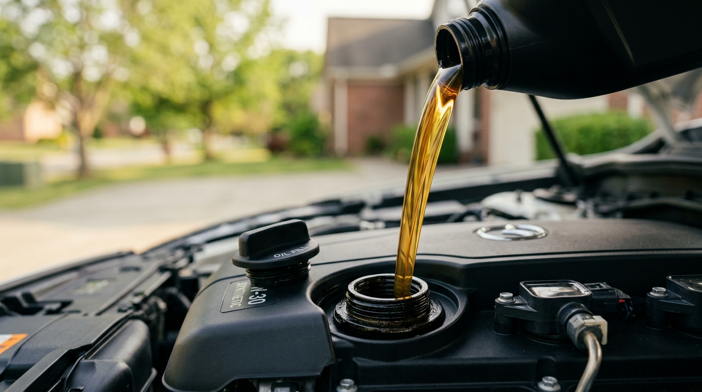 Golden motor oil pouring from a bottle directly into an open car engine filler port outdoors. (Representative image for illustration purposes only. Actual vehicle may vary based on trim and configuration.)