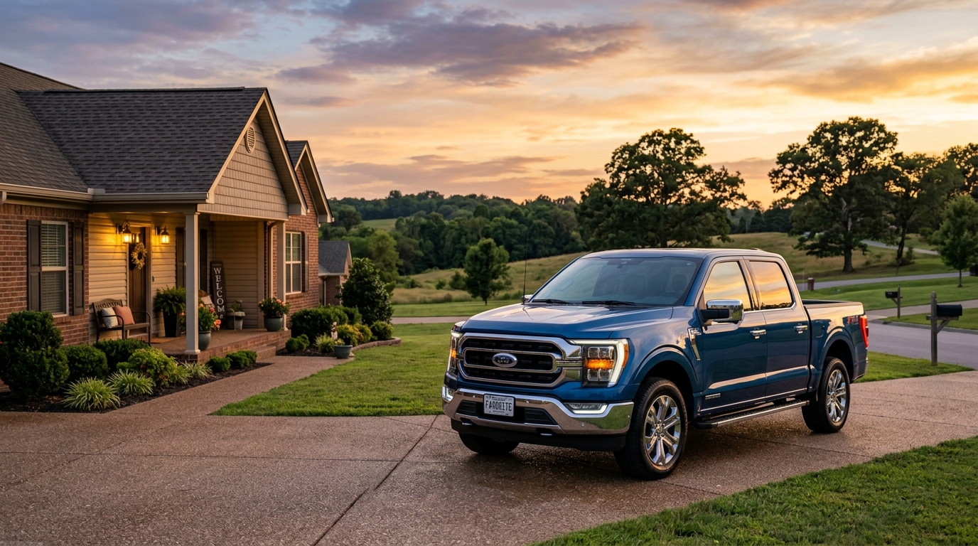 Blue Ford F-150 truck parked on a driveway outside a suburban home during a warm sunset. (Representative image for illustration purposes only. Actual vehicle may vary based on trim and configuration.)