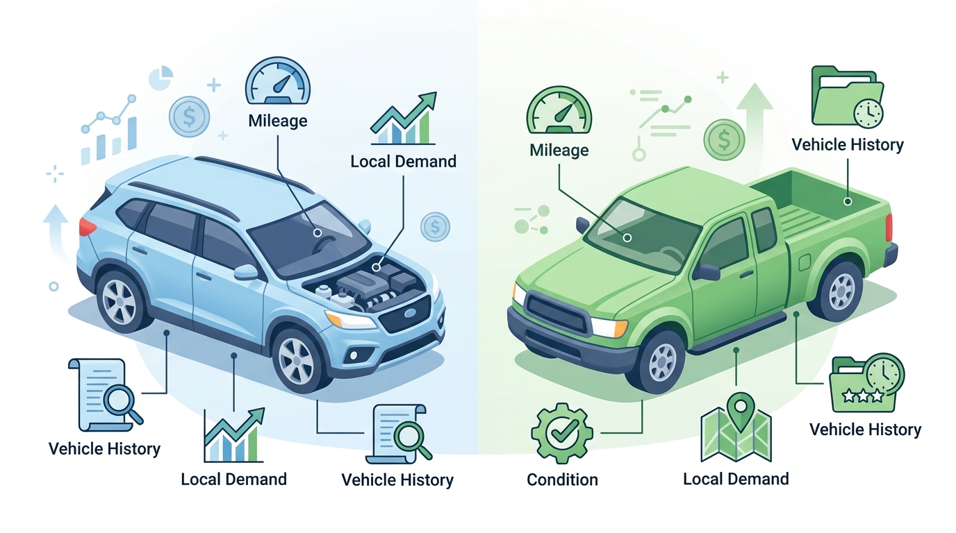 Split infographic showing key factors influencing used vehicle value for an SUV and a pickup truck. (Representative image for illustration purposes only. Actual vehicle may vary based on trim and configuration.)