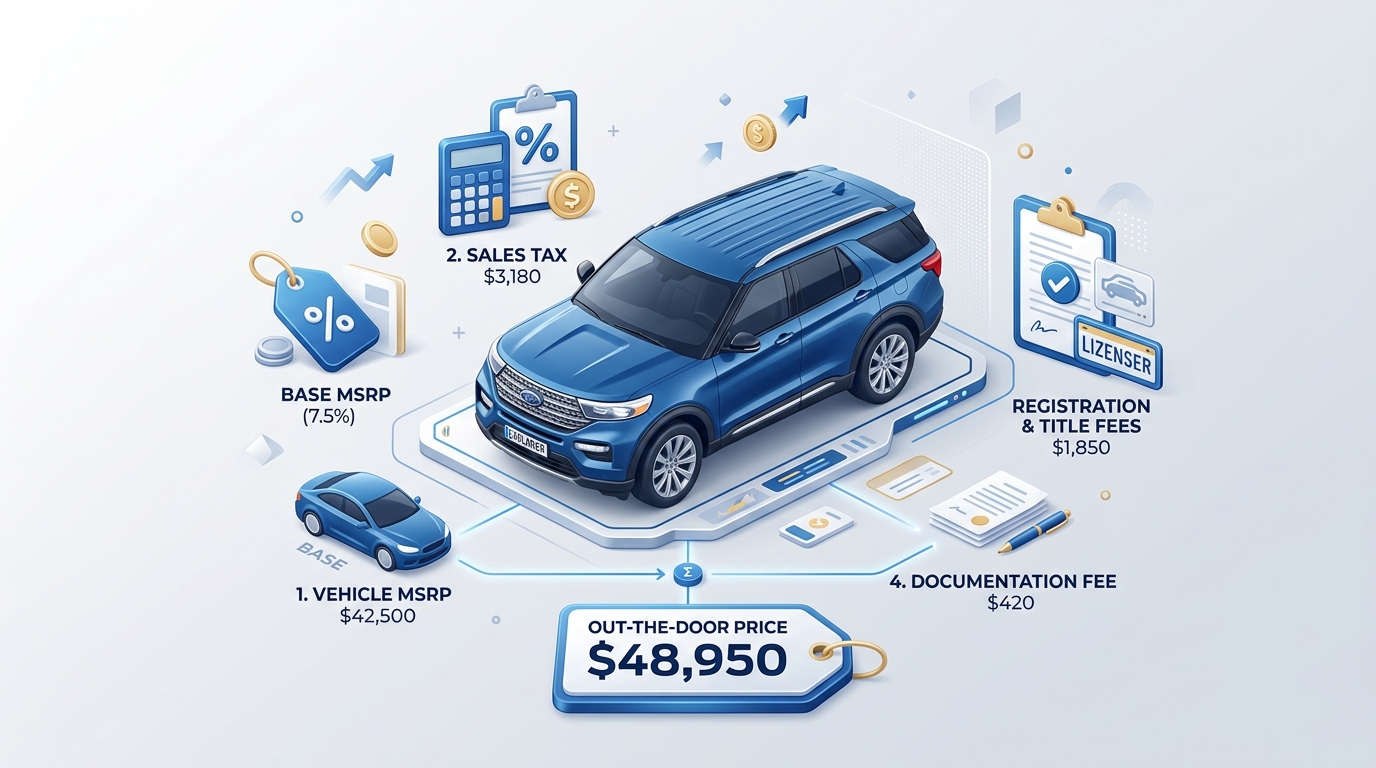3D infographic breaking down a blue SUV's out-the-door price of $48,950 including MSRP, sales tax, and fees. (Representative image for illustration purposes only. Actual vehicle may vary based on trim and configuration.)