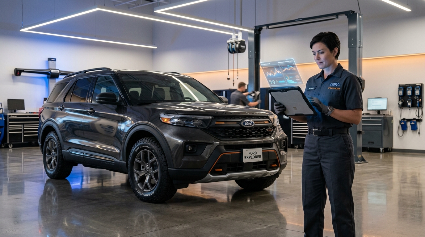 Female technician using a tablet with a holographic diagnostic overlay next to a dark gray Ford Explorer in a service bay. (Representative image for illustration purposes only. Actual vehicle may vary based on trim and configuration.)