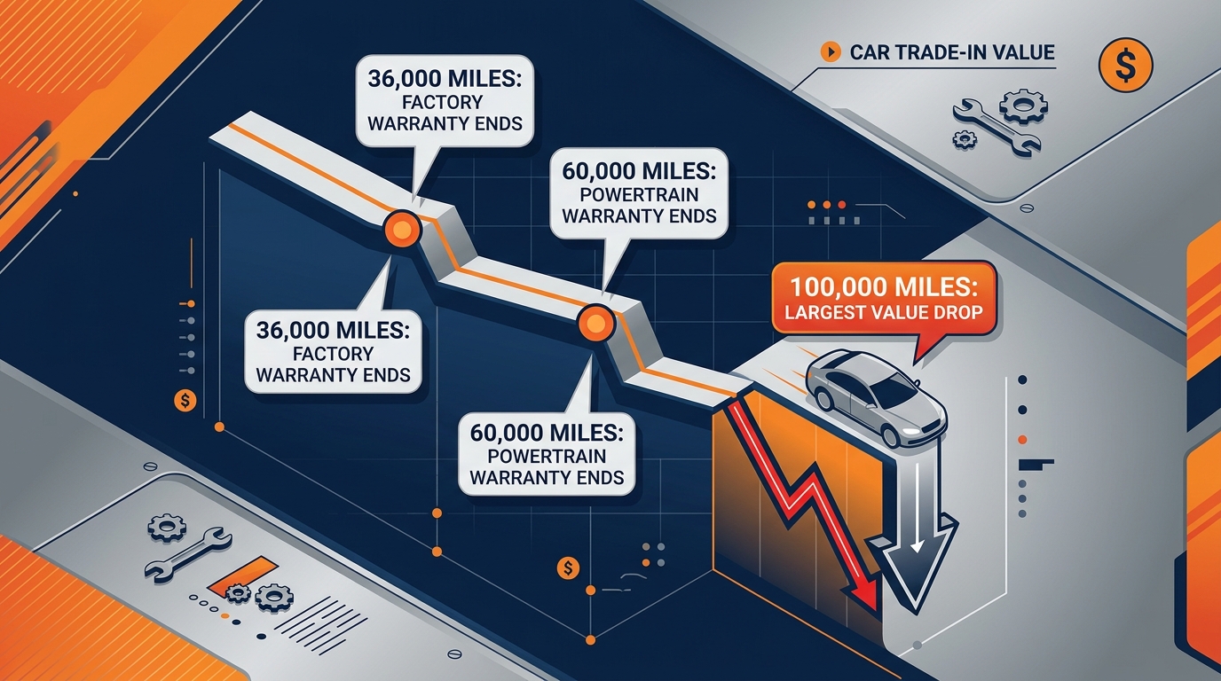 Infographic showing car trade-in value dropping at 36,000, 60,000, and 100,000 mile milestones. (Representative image for illustration purposes only. Actual vehicle may vary based on trim and configuration.)