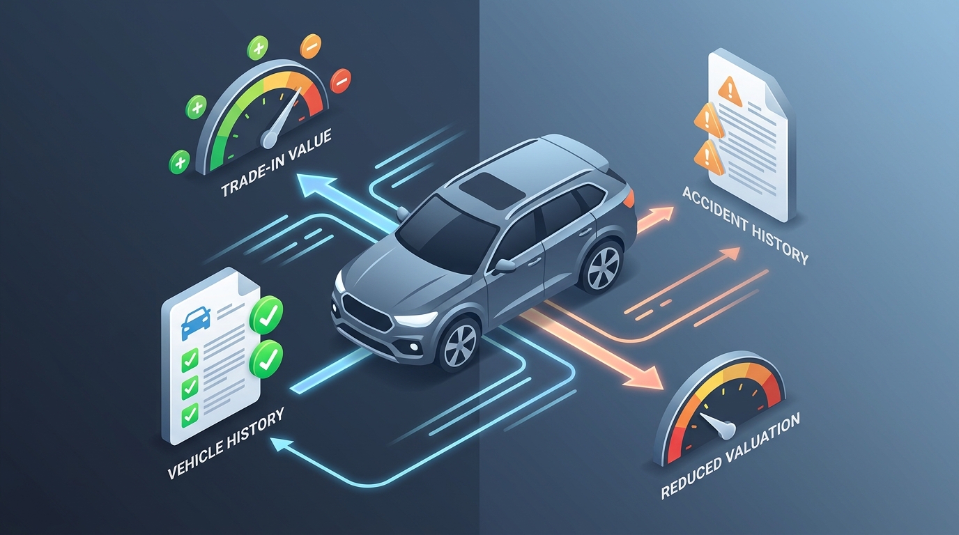 Isometric diagram showing how a clean vehicle history increases trade-in value while accident history reduces valuation. (Representative image for illustration purposes only. Actual vehicle may vary based on trim and configuration.)