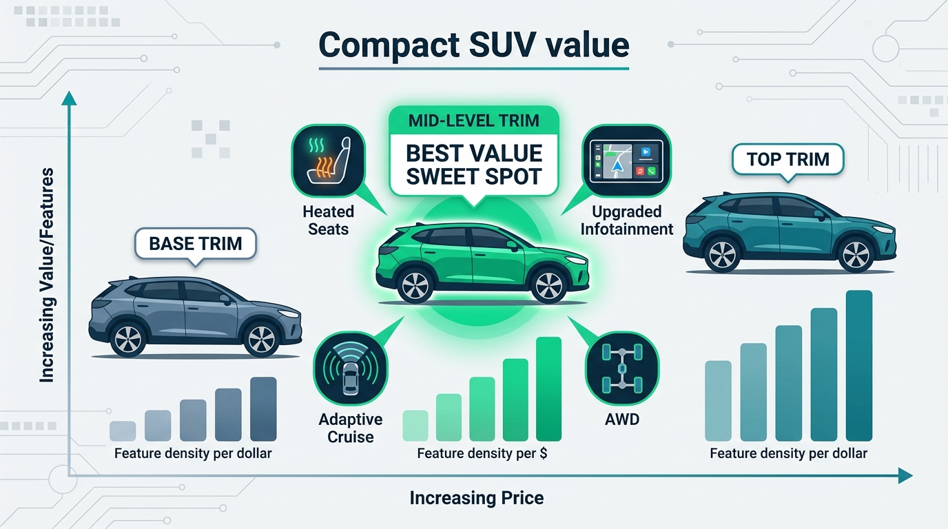 Infographic comparing base, mid-level, and top trim compact SUVs, highlighting mid-level trim as the best value. (Representative image for illustration purposes only. Actual vehicle may vary based on trim and configuration.)