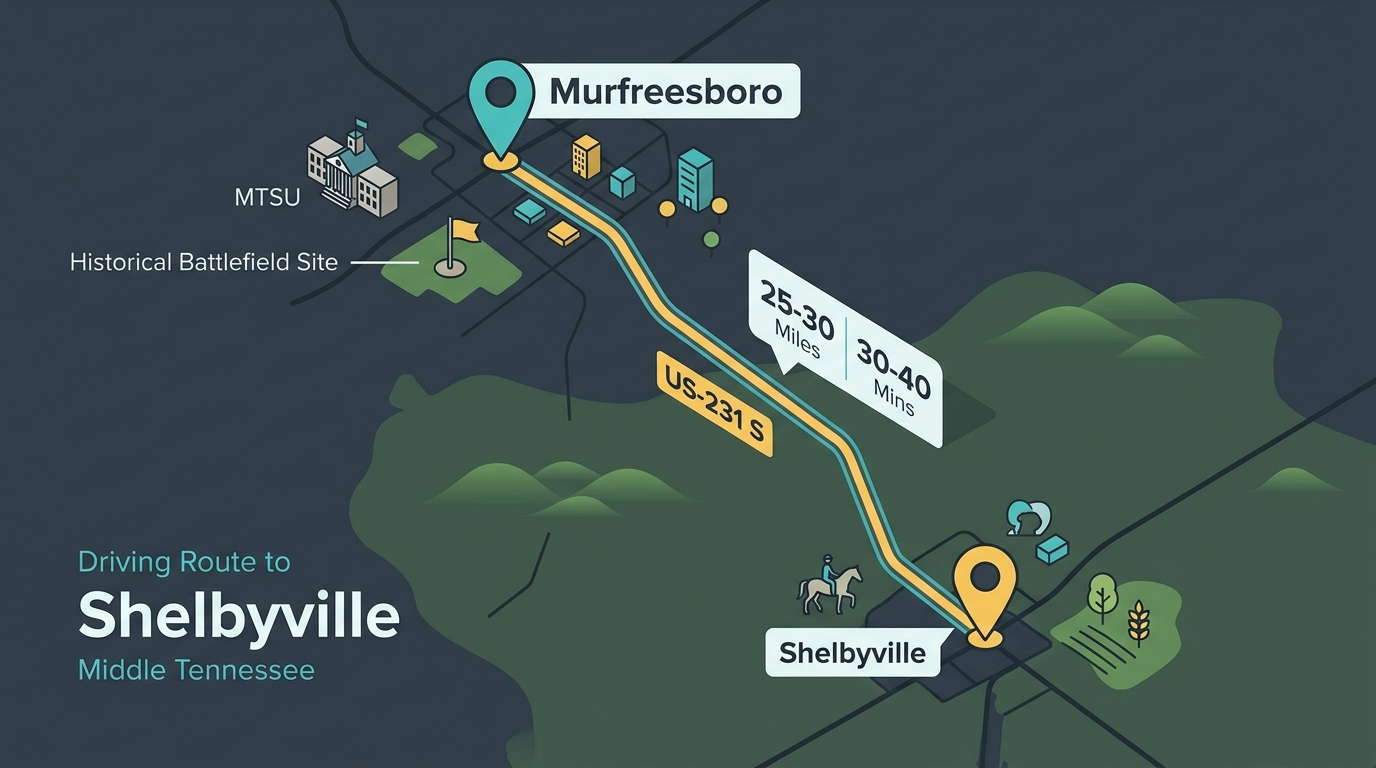 Infographic map showing the driving route along US-231 S between Murfreesboro and Shelbyville, Tennessee. (Representative image for illustration purposes only. Actual vehicle may vary based on trim and configuration.)