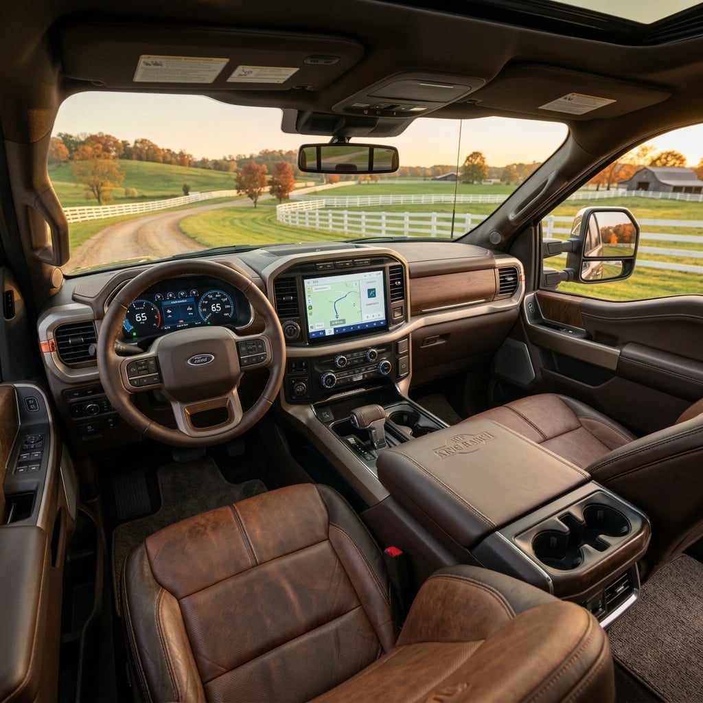 A wide-angle interior photograph of the front cabin of a 2027 Ford F-250 Super Duty King Ranch. The shot highlights the luxurious Java Kingsville leather seats with subtle stitched details, a wide center console, and natural woodgrain accents. Bright digital instrument cluster displays and a central touchscreen light up the modern dashboard with sleek, clean graphics. Soft late-afternoon golden hour light streams through the windshield, casting a warm glow across the detailed leather upholstery and steering wheel. Outside the tinted glass, a softly blurred view reveals gently rolling green hills and a wooden horse farm fence in Middle Tennessee. The atmosphere is warm, spacious, and premium, capturing a comfortable workday and long-distance travel environment. (Representative image for illustration purposes only. Actual vehicle may vary based on trim and configuration.)