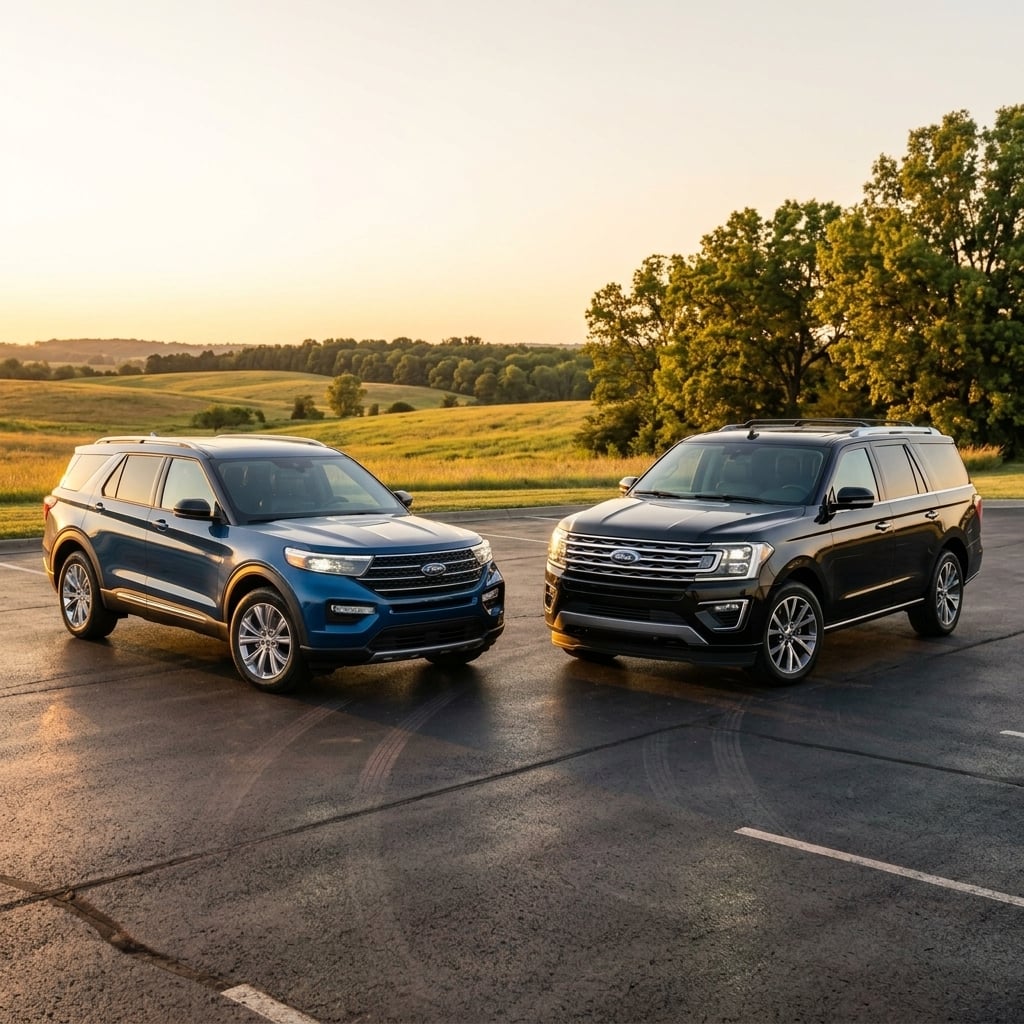A professional automotive commercial photograph of a midsize two-row SUV and a larger three-row crossover SUV parked side-by-side on a polished asphalt apron outside a contemporary dealership showroom in Junction City, Kansas. The two-row crossover features a sleek, aerodynamic profile in magnetic metallic blue, while the three-row SUV exhibits a bold, robust stance in agate black. Warm late-summer golden hour light casts long soft shadows across the paved lot, highlighting the distinct body lines, chrome accents, and alloy wheels of both vehicles. In the background, clean modern glass dealership architecture reflects the warm Kansas sky and rolling Flint Hills terrain in the soft distance. Eye-level three-quarters front perspective, sharp focus on both vehicles, with no license plates, readable text, or brand badges. (Representative image for illustration purposes only. Actual vehicle may vary based on trim and configuration.)