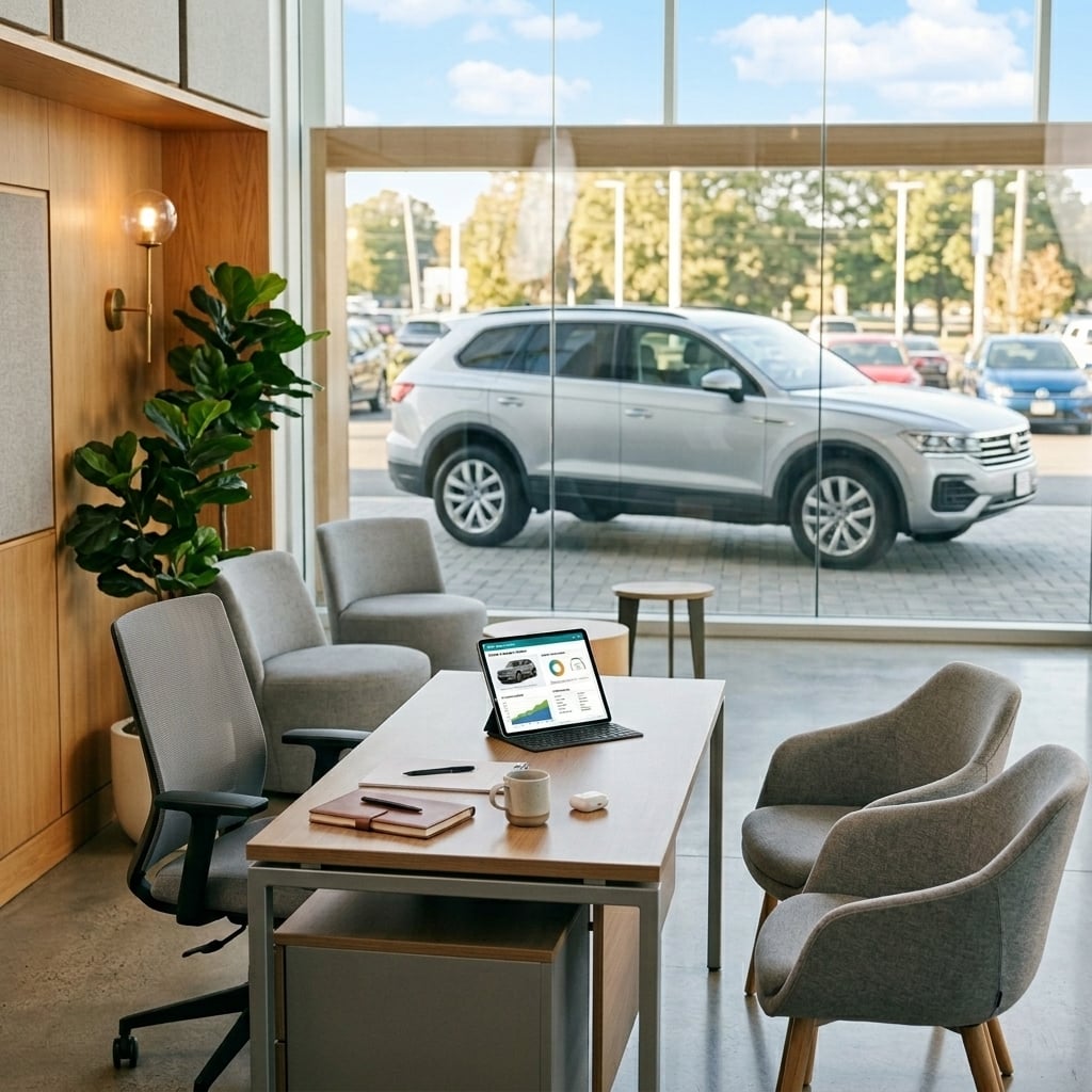 A clean, modern commercial lifestyle photograph of a friendly automotive advisor walking through a transparent trade-in valuation appraisal report on a tablet with a young couple in a brightly lit dealership consultation lounge. The desk is organized with a tablet displaying dynamic appraisal charts and digital document summaries. Through the expansive glass behind them, a well-maintained pre-owned midsize SUV rests under warm, clear daylight. The environment features modern interior finishes, warm wood textures, and soft lighting, creating an inviting, professional atmosphere. The composition is an eye-level medium shot capturing genuine, positive interaction without logos, readable text, or brand badges. (Representative image for illustration purposes only. Actual vehicle may vary based on trim and configuration.)