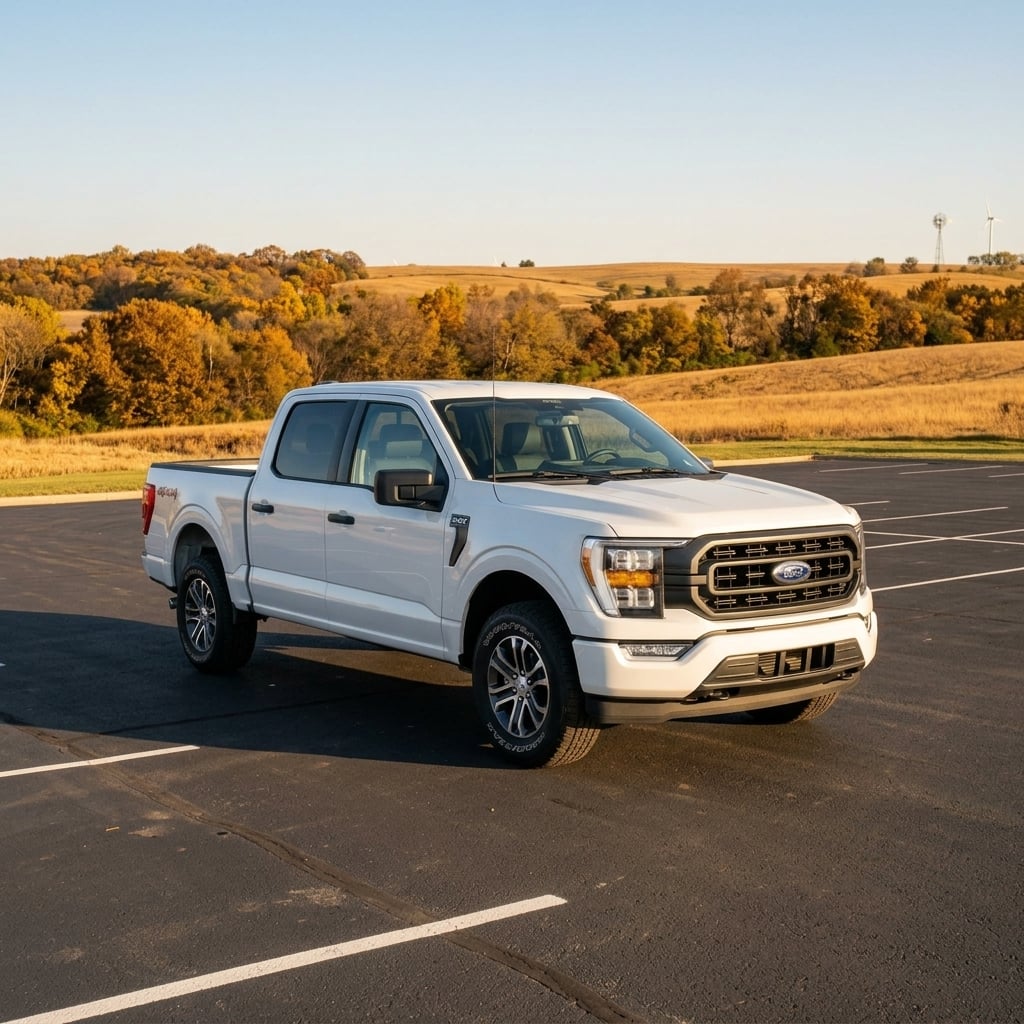 A crisp, three-quarters front-angle photographic hero shot of a 2026 Ford F-150 XLT pickup truck parked neatly on the asphalt apron outside a sleek, modern Ford dealership showroom in rural Kansas. The full-size truck displays its broad front grille, signature LED headlights, and durable stance. In the background, clean glass architectural dealership walls reflect the clear sky, framed by subtle autumn trees and wide, gently rolling Midwestern plains on the horizon. Bright morning natural daylight highlights the metallic finish and body contours of the truck, creating an inviting commercial visual with sharp details, balanced contrast, and no logos, text, or license plates. (Representative image for illustration purposes only. Actual vehicle may vary based on trim and configuration.)