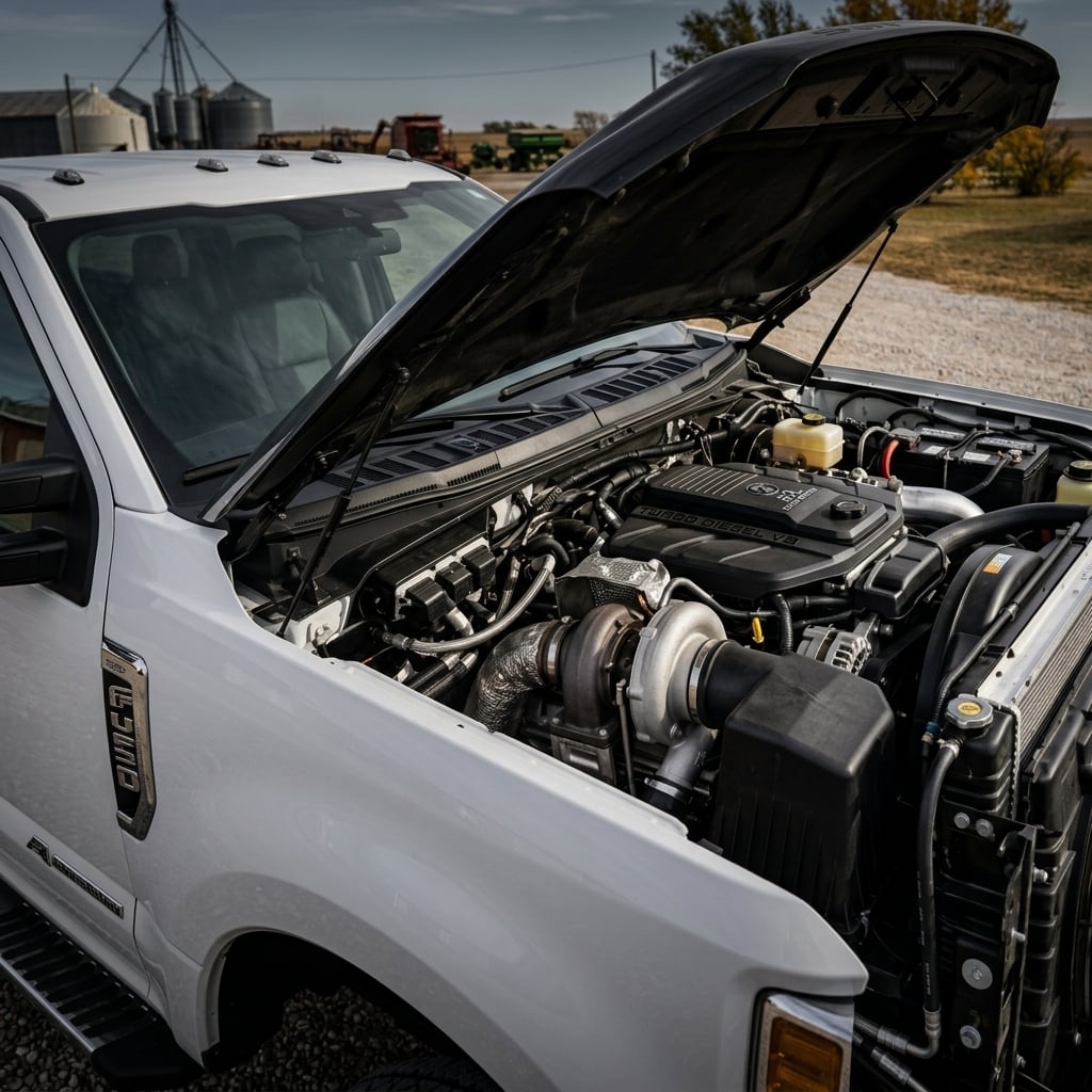 A detailed close-up commercial photograph showcasing the engine bay of a 2026 Ford Super Duty heavy-duty pickup truck with the hood open. The focal point is the powerful 6.7-liter Power Stroke High-Output Turbo Diesel V8 engine, displaying clean mechanical components, intricate wiring harnesses, heat shields, turbocharger plumbing, and textured composite covers. Crisp daylight illuminates the engine compartment, highlighting metal finishes and engineered details. The background softly blurs into an outdoor central Kansas agricultural work yard during early autumn, with subtle hints of open prairie fields under clear skies. The framing emphasizes robust craftsmanship, mechanical precision, and heavy-duty capability without any visible text, logos, or license plates. (Representative image for illustration purposes only. Actual vehicle may vary based on trim and configuration.)