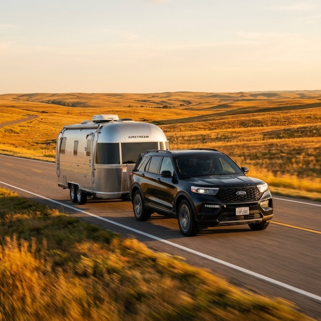 A dynamic rear three-quarter action shot of a 2026 Ford Explorer midsize SUV towing a modern trailer smoothly along a two-lane open highway in rural Kansas. The midsize SUV is showcased from behind as it travels through the gently rolling prairie landscape of the Flint Hills during warm late afternoon golden hour. Clear skies and warm directional sunlight illuminate the vehicle's rear styling and the trailer, casting soft shadows on the smooth asphalt road. Expansive golden prairie fields extend toward a distant horizon under a soft blue sky. The composition captures a feeling of capability and highway travel, rendered in a realistic commercial photography style with crisp detail on the vehicle and subtle motion blur on the road. (Representative image for illustration purposes only. Actual vehicle may vary based on trim and configuration.)