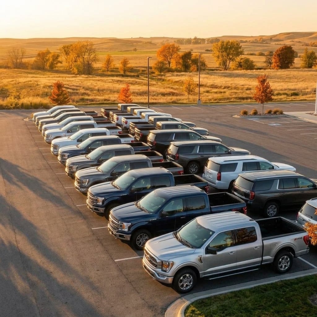 A wide-angle exterior photograph of a neatly arranged lineup of modern pickup trucks and full-size SUVs parked on a spacious outdoor automotive dealership lot. The vehicles feature clean silver, deep navy, and charcoal gray finishes, glistening under crisp early autumn morning sunlight. The background features a modest, contemporary dealership showroom building with large glass windows, set against the flat, gently rolling plains of central Kansas under a clear blue sky. Soft golden light highlights the pristine body panels and polished wheels of the vehicles set in diagonal alignment. The mood is clean, professional, and inviting, capturing a seasonal dealership clearance setting without any text, logos, or license plates. (Representative image for illustration purposes only. Actual vehicle may vary based on trim and configuration.)