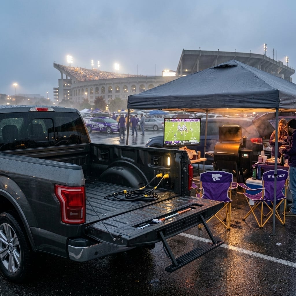 A commercial lifestyle photograph of a dark metallic grey Ford F-150 tailgate setup in a damp stadium parking lot during a soft autumn rainstorm at dusk. The camera angle captures a rule-of-thirds view of the open truck bed, highlighting the illuminated weatherproof power outlets built into the bed wall. Heavy-duty black outdoor extension cords with rubber seals are neatly plugged into the outlets, running under a waterproof canopy tent nearby. Beneath the canopy, a flat-screen television and a pellet grill glow softly, casting warm light onto the glistening wet pavement and purple game-day lawn chairs. The overcast autumn air is thick with light mist and rain droplets, reflecting cool ambient dusk light across the glossy vehicle body and wet asphalt. The mood is cozy and durable, emphasizing high-tech capability. (Representative image for illustration purposes only. Actual vehicle may vary based on trim and configuration.)